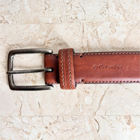 Columbia Brown Leather Belt Gun Metal Buckle Logo - Picture 2 of 7